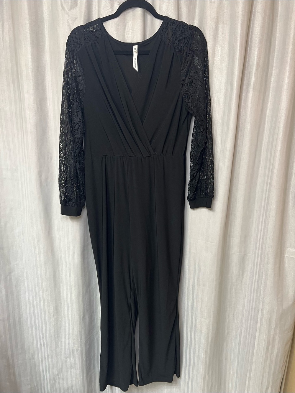 NY Collection Black V-Neck Jumpsuit with Lace Sleeves XLP